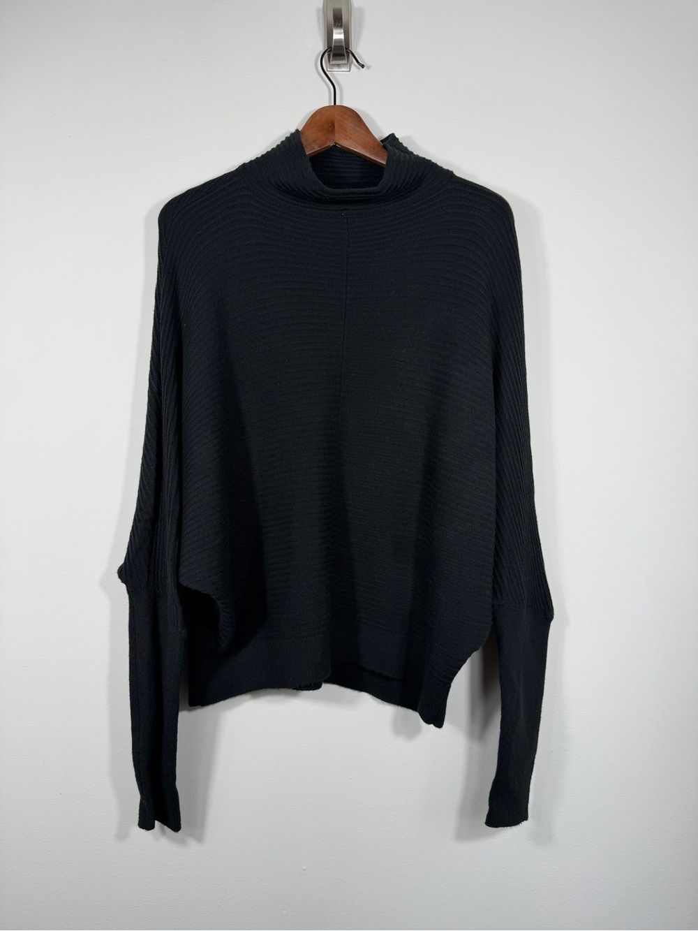 French Connection Black Ribbed Dolman Batwing Mock Neck Sweater M Oversized